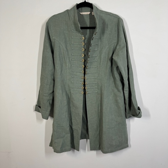 Soft Surroundings Green Ramie Long Tunic Coat Boho Chic Military Jacket Size M - Picture 2 of 16